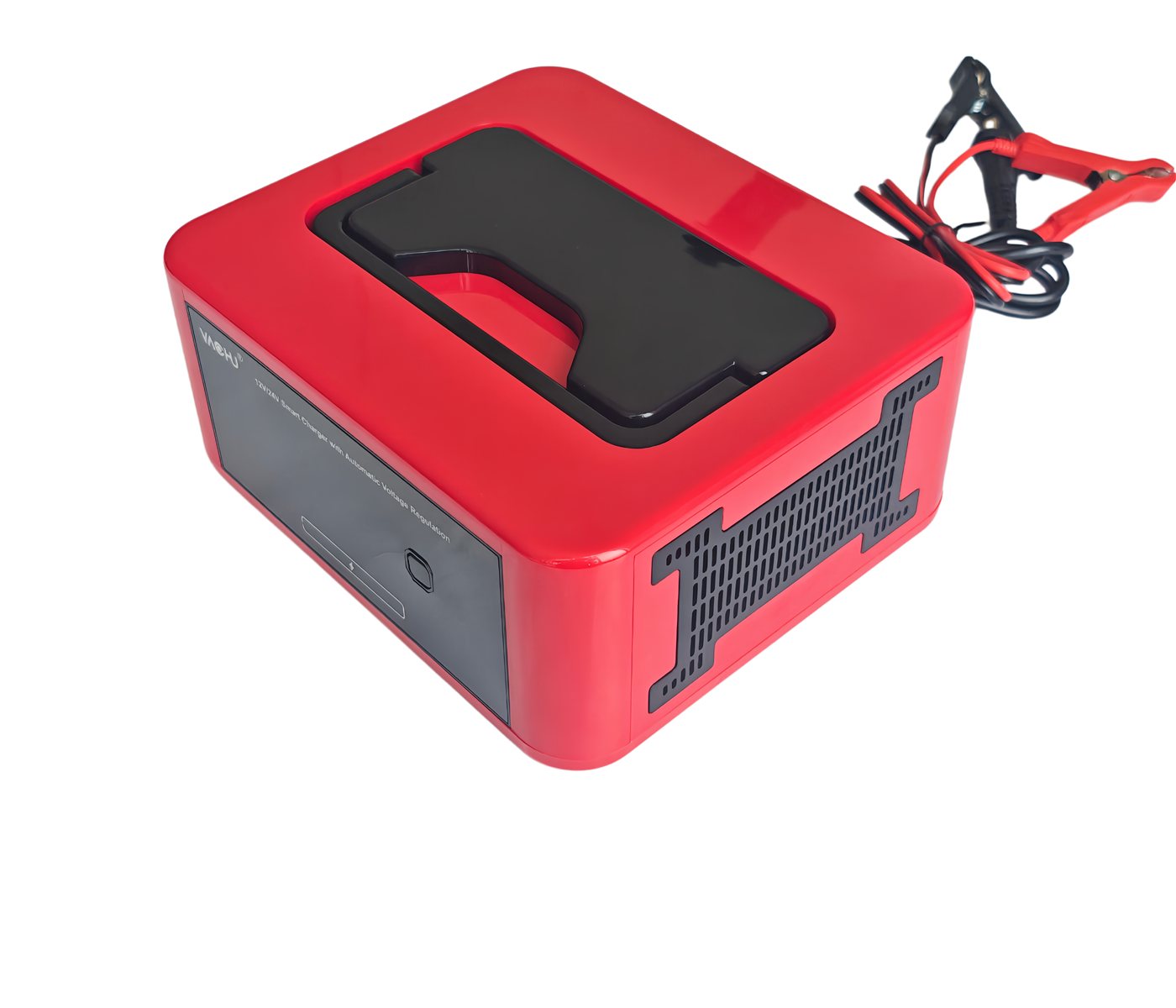 Red and black 12V/24V smart lead-acid battery charger with battery clamps